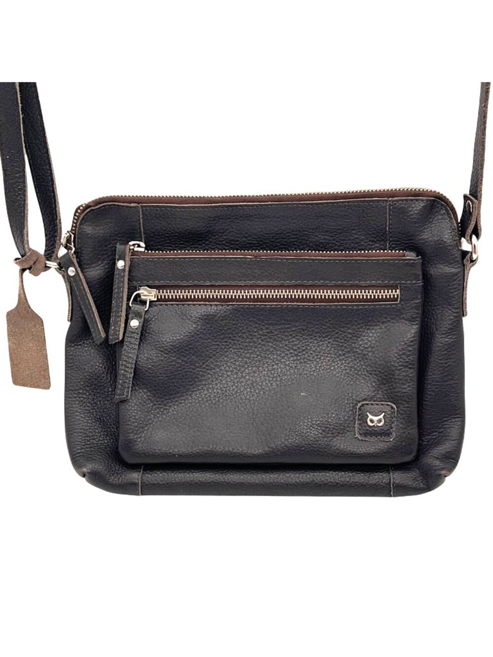 Wise Owl Soft Leather Crossbody Bag Dark Brown Adj Strap Multiple Zipper Pockets